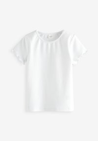 Vit randig t-shirt med rund halsringning och korta ärmar med scallopade kanter. Mjuk textur som passar för vardagsbruk.