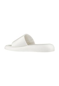 White slide sandal with a smooth synthetic upper, open toe design, and a cushioned sole. Minimalist profile with subtle curved edges.