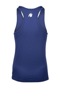 Navy blauwe tanktop van soepel, rekbaar materiaal, met een racerback-ontwerp en een klein wit logo op de bovenrug.