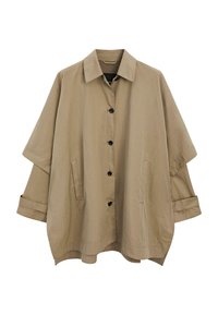 Beige oversized jacka med krage, försedda med svarta knappar och två framfickor. Slät textur, avslappnad passform och uppviktärmar.