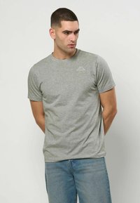 Grå bomulls t-skjorte med rund hals, korte ermer, og en liten brodert logo på venstre bryst. Jevn tekstur og normal passform.