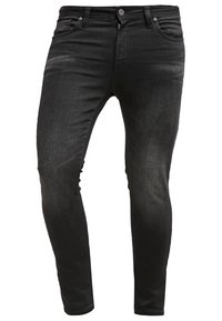 Černé úzké džíny z denimu. Mají tradiční pětikapsový design, zapínání na knoflíky a jemné vyblednutí na přední straně.