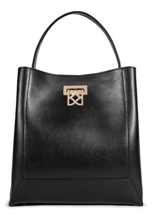 Black leather handbag with a structured design, flat base, and a gold-tone hardware accent featuring a geometric logo on the front.
