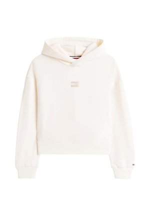 Off-white kurzes Hoodie mit langen Ärmeln, gerippten Bündchen und Saum, kleinem rechteckigem Logo auf der Brust und Kapuze ohne Kordeln.