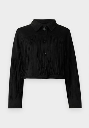 Sort cropped jakke laget av semsket skinn, med frynse-design langs fronten og ermene, og knappefeste i midten.