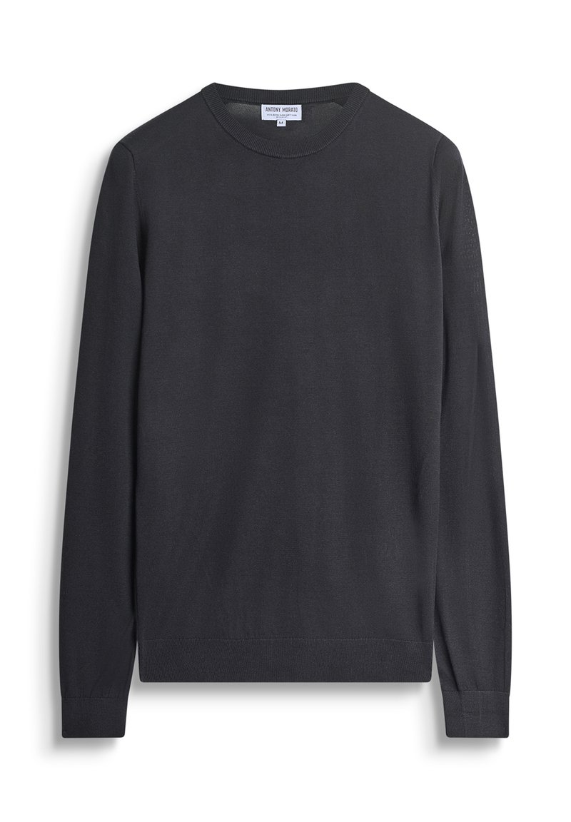 Maglione lungo a maniche nere realizzato in morbido tessuto a maglia. Presenta un colletto a girocollo e polsini e orlo ribattuti. Design semplice e senza fronzoli.