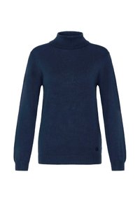 Marinblå höghalsad tröja i mjukt stickat material; har långa ärmar och en figursydd design. Diskret ribbad textur genom hela plagget.