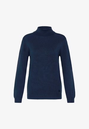 Námornícky modrý rolák vyrobený z mäkkej pleteniny; má dlhé rukávy a priliehavý strih. Jemná ribbovaná textúra po celom povrchu.