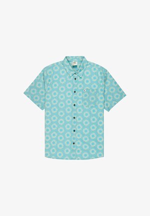 Jasnoniebieska koszula na krótki rękaw na guziki z beżowymi wzorami w kształcie promieni słonecznych, małą przednią kieszonką i szpiczastym kołnierzykiem.