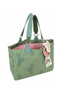 Groene canvas totebag met een kolibriprint, roze voering en dubbele handgrepen. Inclusief een decoratieve sleutelhanger met een gezicht ontwerp.