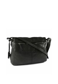 Bolso de hombro de cuero negro con un diseño estructurado, que cuenta con cierre con cremallera, correa ajustable y detalle de bolsillo delantero.