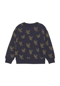 Marineblaue Sweatshirt aus Baumwolle, mit wiederholten gelben Bulldoggen-Grafiken und Texthighlights. Gerippte Bündchen und Halsausschnitt.