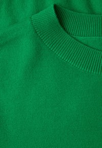 Zelený pletený svetr s žebrovaným kulatým výstřihem a jemným, texturovaným povrchem, s hladkým a jednotným šitím po celém oděvu.