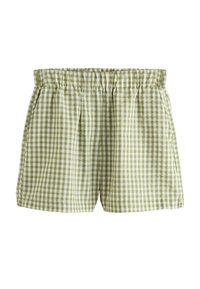 Grønne gingham ternede shorts med elastik i taljen, udstyret med plisseringer og sidelommer, lavet af letvægtsstof.