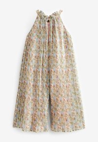 Blomster maxi kjole lavet af letvægtsstof, med en samlet halsudskæring, bløde plisseringer og en pastel pink baggrund med blå og grønne blomster.