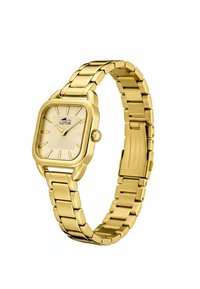 Orologio quadrato color oro con quadrante liscio, indicatori delle ore argento e cinturino metallico abbinato con segmenti collegati.