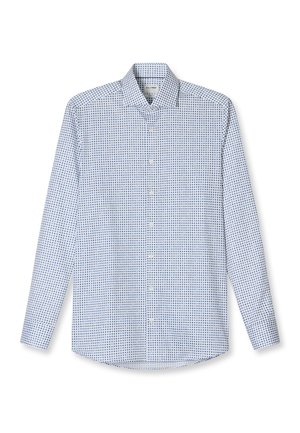 Herren-Langarmhemd zum Knöpfen mit weißem Grundstoff und kleinem blauem Kreis-Muster, Kent-Kragen und Manschettenknöpfen.
