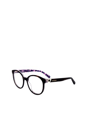 Occhiali da vista rotondi neri con frontale e aste tartarugati, aste interne viola con cuori rosa e dettaglio a forma di cuore dorato vicino alle cerniere.