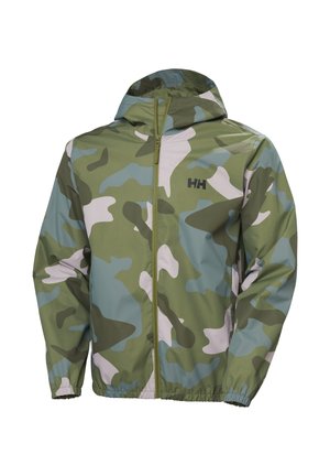 Green, blue, and beige camouflage hooded jacket with full front zipper and elastic cuffs, featuring "HH" logo on the chest.