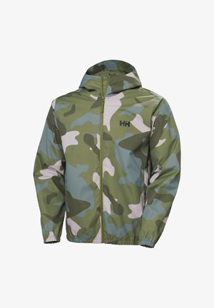 Green, blue, and beige camouflage hooded jacket with full front zipper and elastic cuffs, featuring "HH" logo on the chest.