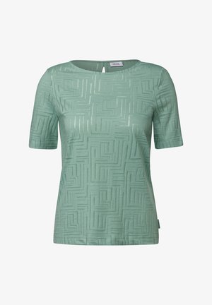 Top verde chiaro a maniche corte con un motivo geometrico testurizzato, dotato di un colletto rotondo e un piccolo dettaglio a chiave nella parte posteriore.