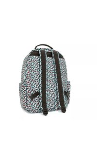Backpack with a patterned fabric in teal, black, and red, featuring two black straps, a top handle, and side pockets.