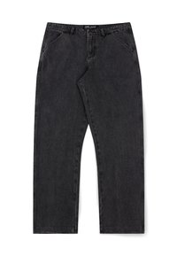 Jeans de mezclilla negros de pierna recta con bolsillos delanteros, trabillas para cinturón y cierre de botón en la cintura.