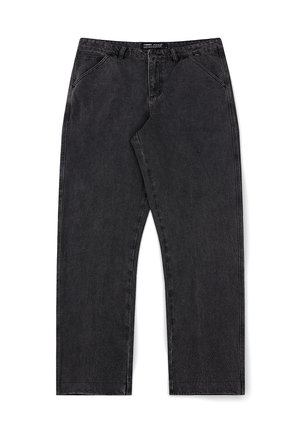 Jeans in denim neri a gamba dritta con tasche anteriori, passanti per cintura e apertura con bottone in vita.