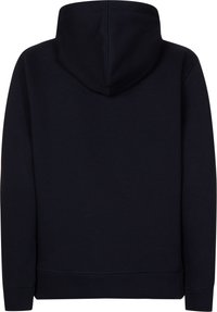 Sweatshirt bleu marine avec capuche, présentant une texture douce, des poignets côtelés et une coupe droite. Pas de design ou de logos visibles à l'avant.