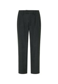 Tumši pelēki piegriezti bikses ar taisnu kāju dizainu, ar vienu pogas aizdari un priekšējām krokām, izgatavotas no teksturēta auduma.