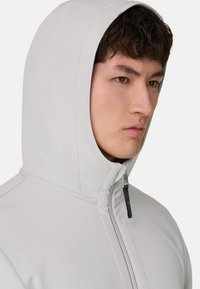 Sweat à capuche gris clair zippé avec un col montant et une capuche à cordon. Confectionné en tissu doux, avec un design épuré et des coutures minimales.