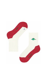 Kremowe skarpetki z czerwonymi akcentami, z ilustracją zielonego dinozaura. Żebrowana tekstura, oznaczone "R" oraz "FALKE" w kontrastowych kolorach.