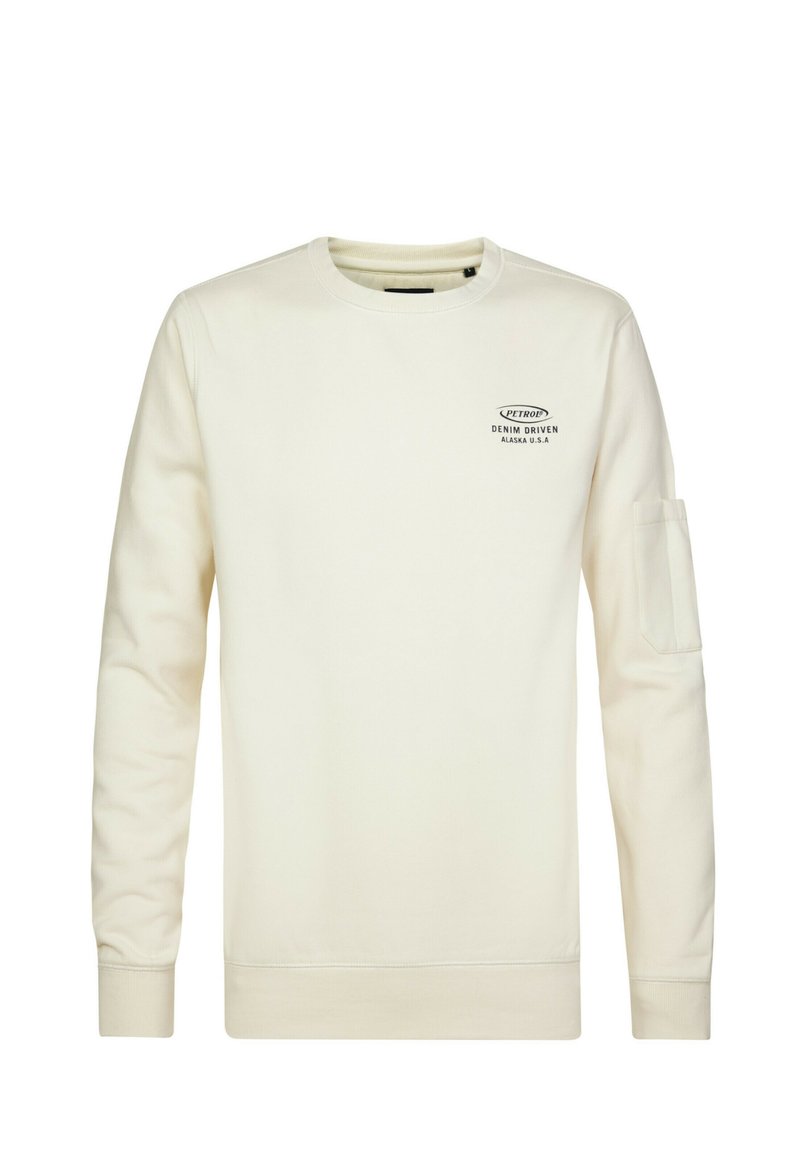 White sweatshirt with long sleeves, round neck, and a pocket on the sleeve. Features a black logo print on the chest. Soft fabric texture.