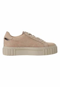 Light beige suede sneakers with a thick cream sole, featuring sturdy laces and a textured back, designed with minimalistic lines and accents.