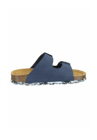 Navy blue sandal with two adjustable straps, cork footbed, and textured, rubber outsole featuring a zigzag pattern.