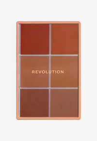 Paleta de ocho tonos cálidos, con una textura suave. Texto "REVOLUCIÓN" en dorado en el centro. Enmarcada en un borde rosa.