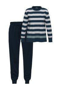 Mörkblå pyjamasset med långärmad topp som har vita och mörkblå horisontella ränder samt matchande enfärgade mörkblå byxor.