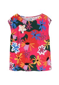Florale kurzärmelige Bluse in Pink, versehen mit verschiedenen lebhaften Blumen und Blättern. Das Material ist leicht und glatt. Rundhalsausschnitt.