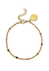 Bracciale in tono oro con piccole sfere dorate alternate a pietre semi-preziose multicolori, dotato di chiusura a gancio e catena regolabile.