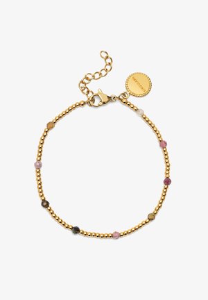 Bracelet en ton or avec des petites perles rondes dorées alternant avec des pierres semi-précieuses multicolores, doté d'un fermoir en homard et d'une chaîne ajustable.