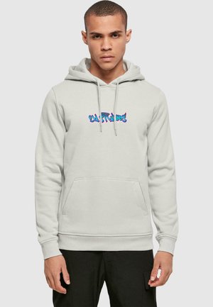 Light gray hoodie with a kangaroo pocket, drawstring hood, and multicolored graphic design in the center. Soft fabric texture evident.