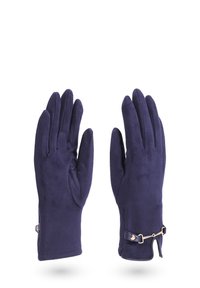 Guanti in suede blu navy con una texture liscia, presentano una fascia decorativa metallica e un dettaglio con bottone sul polso per la regolazione.