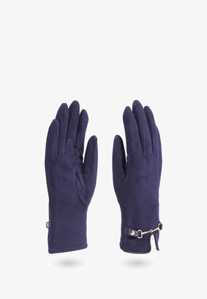 Guanti in suede blu navy con una texture liscia, presentano una fascia decorativa metallica e un dettaglio con bottone sul polso per la regolazione.