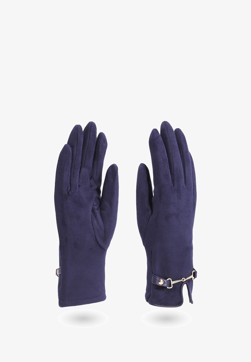 Guanti in suede blu navy con una texture liscia, presentano una fascia decorativa metallica e un dettaglio con bottone sul polso per la regolazione.