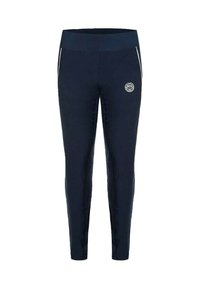 Marineblauwe slim-fit sportbroeken met hoge tailleband, witte ritszakken en klein rond logo op de rechterdij.