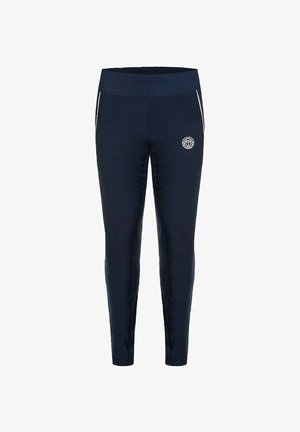 Marineblaue, figurbetonte Sporthose mit hohem Bund, weißen Reißverschlusstaschen und kleinem, runden Logo am rechten Oberschenkel.