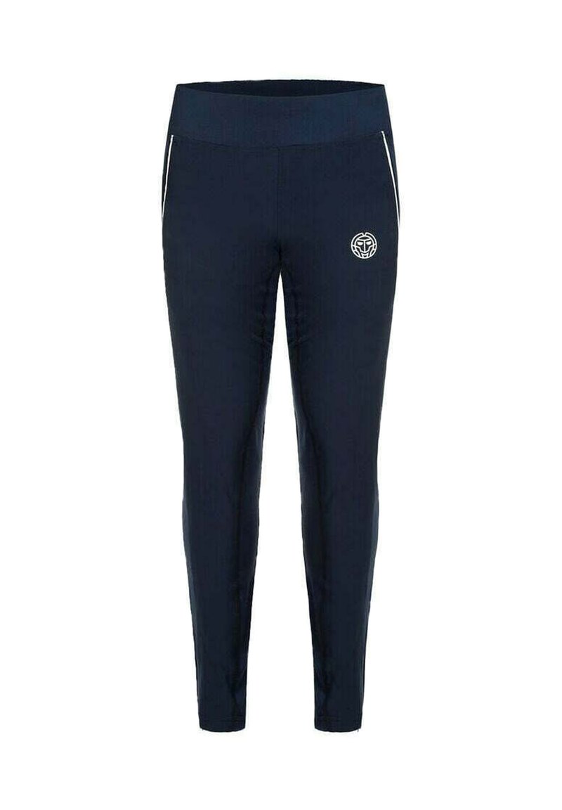 Marineblauwe slim-fit sportbroeken met hoge tailleband, witte ritszakken en klein rond logo op de rechterdij.