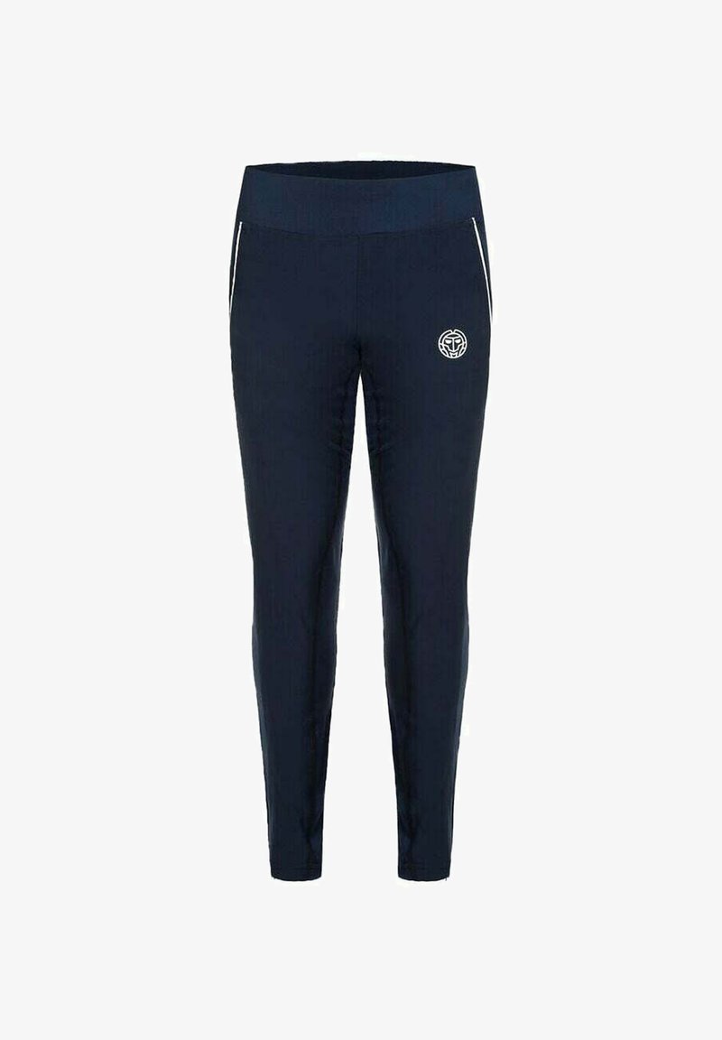 Marineblauwe slim-fit sportbroeken met hoge tailleband, witte ritszakken en klein rond logo op de rechterdij.