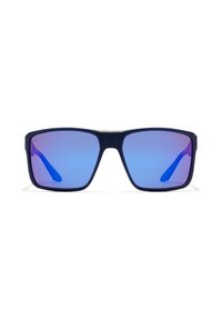 Occhiali da sole rettangolari neri con lenti blu a gradiente, caratterizzati da una superficie liscia e un design a montatura robusta.