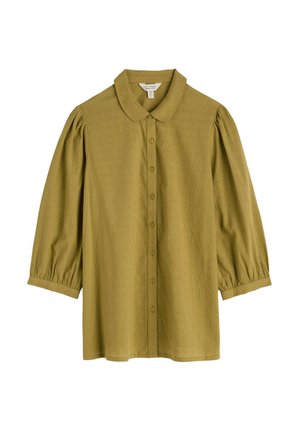 Blusa verde con colletto, maniche a sbuffo a tre quarti, chiusura frontale con bottoni e motivo testurizzato sottile su tessuto leggero.